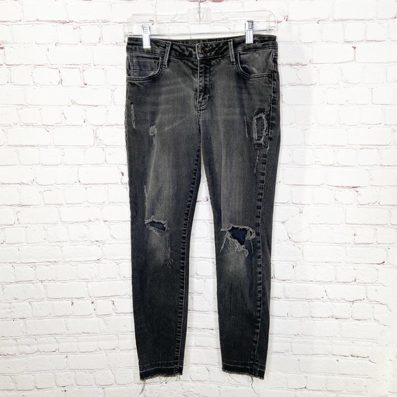 Zara Basic Black Distressed Raw Hem Skinny Jeans
